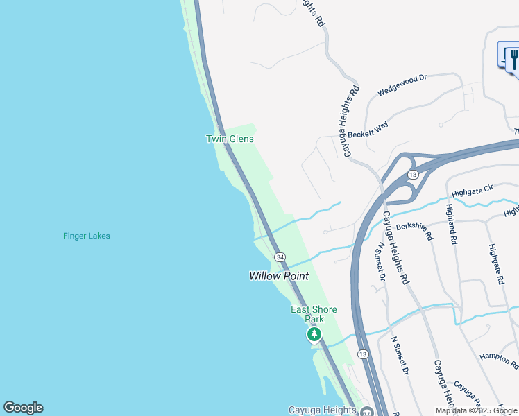 map of restaurants, bars, coffee shops, grocery stores, and more near 1181 Highway 34 in Ithaca