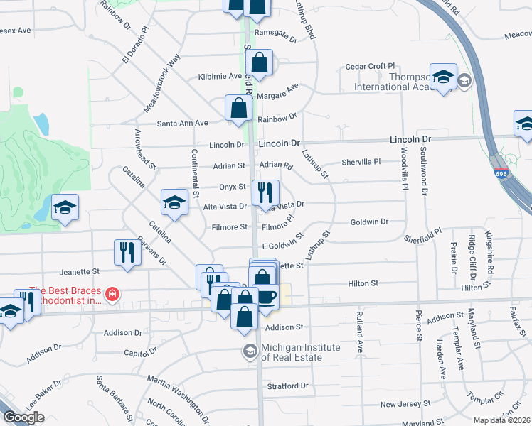 map of restaurants, bars, coffee shops, grocery stores, and more near 25525 Filmore Place in Southfield