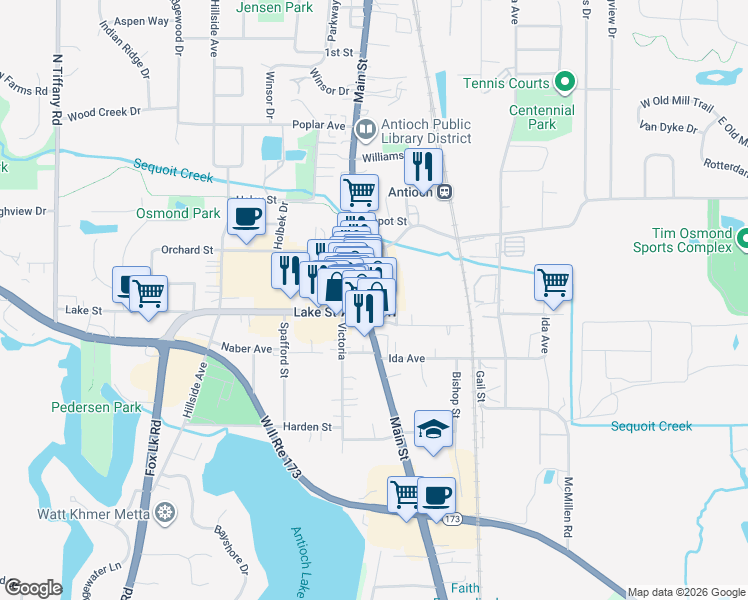 map of restaurants, bars, coffee shops, grocery stores, and more near in Antioch
