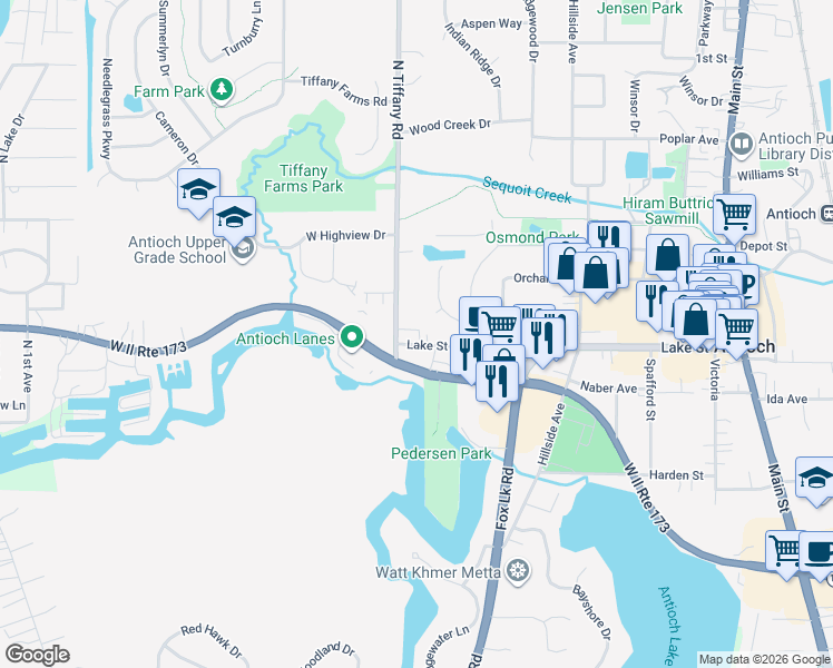 map of restaurants, bars, coffee shops, grocery stores, and more near 711 Illinois 173 in Antioch
