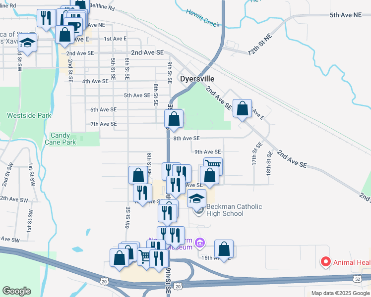 map of restaurants, bars, coffee shops, grocery stores, and more near 820 11th Street Southeast in Dyersville