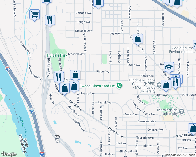 map of restaurants, bars, coffee shops, grocery stores, and more near 1415 South Rustin Street in Sioux City