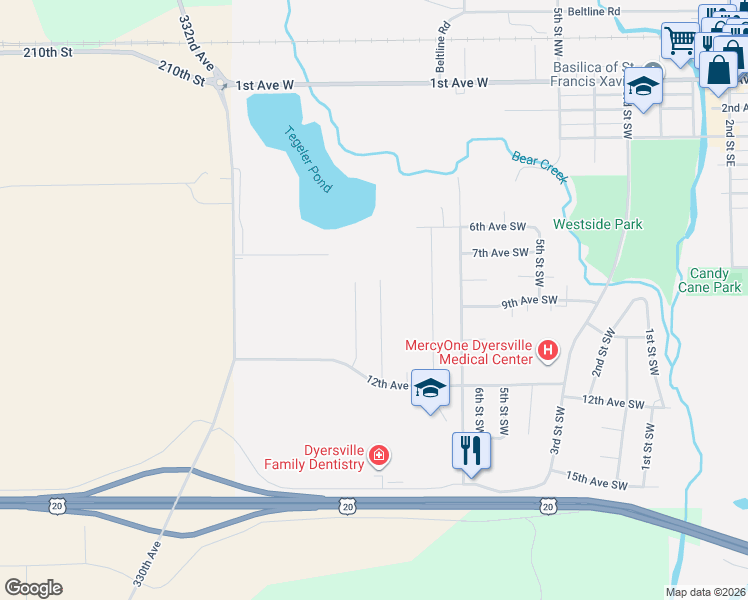 map of restaurants, bars, coffee shops, grocery stores, and more near 11th Street Southwest in Dyersville