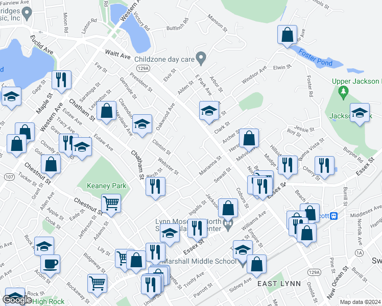 map of restaurants, bars, coffee shops, grocery stores, and more near 31 Walter Street in Lynn