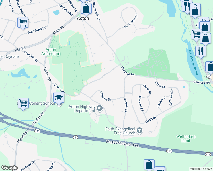 map of restaurants, bars, coffee shops, grocery stores, and more near 11 Whittier Drive in Acton