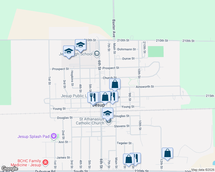map of restaurants, bars, coffee shops, grocery stores, and more near 600-698 7th Street in Jesup