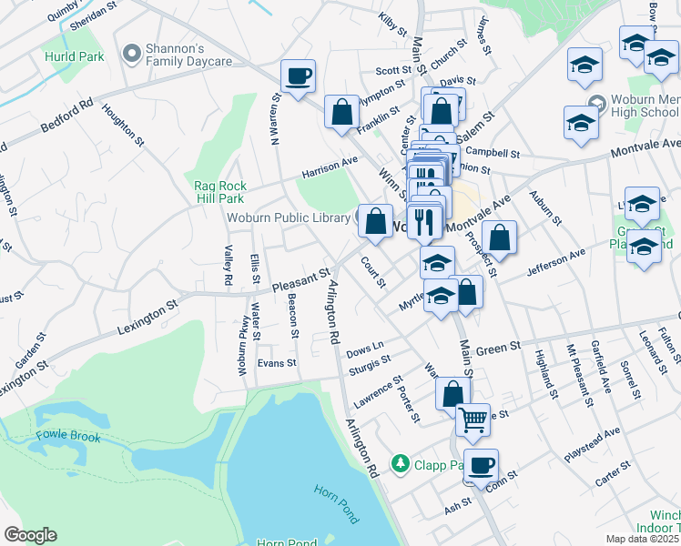 map of restaurants, bars, coffee shops, grocery stores, and more near 2 Arlington Road in Woburn