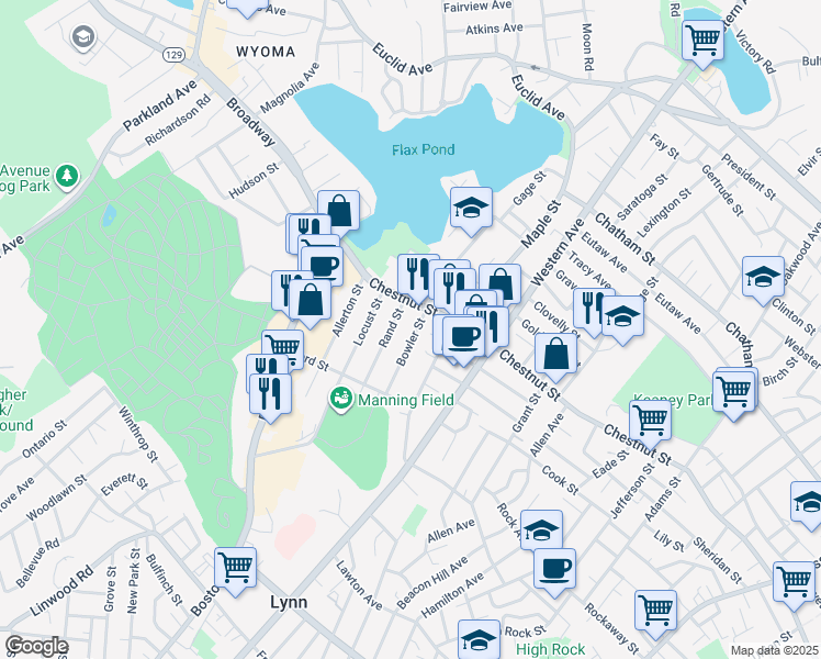 map of restaurants, bars, coffee shops, grocery stores, and more near 283 Maple Street in Lynn