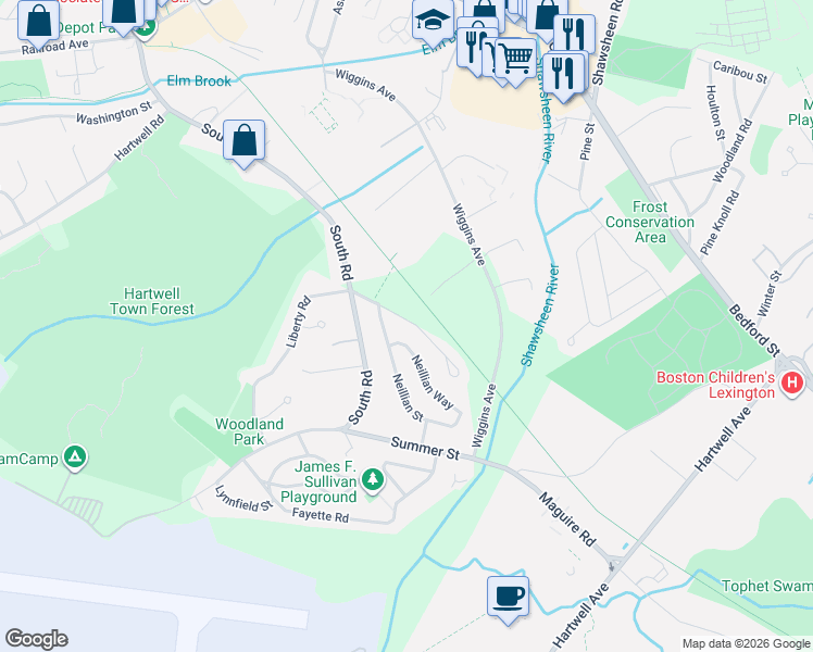 map of restaurants, bars, coffee shops, grocery stores, and more near 27 Evergreen Avenue in Bedford