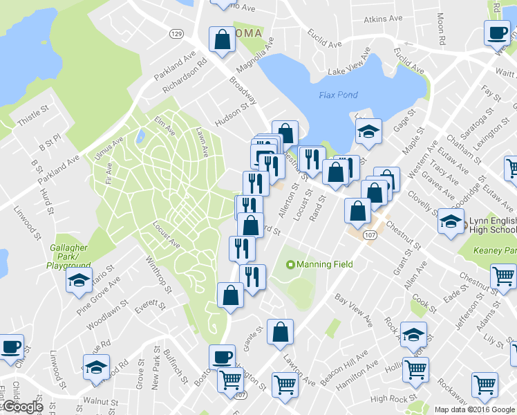 map of restaurants, bars, coffee shops, grocery stores, and more near 60 Boston St in Lynn