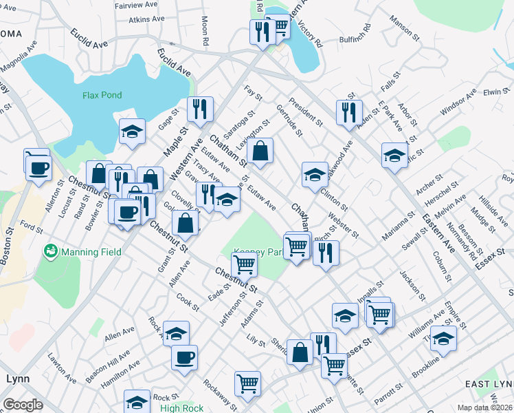 map of restaurants, bars, coffee shops, grocery stores, and more near 79 Tracy Avenue in Lynn