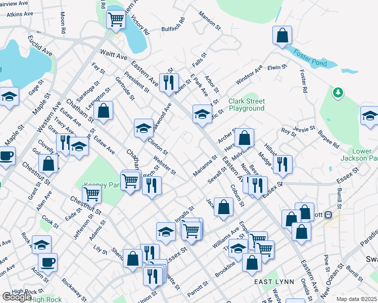 map of restaurants, bars, coffee shops, grocery stores, and more near 137 Jackson Street in Lynn