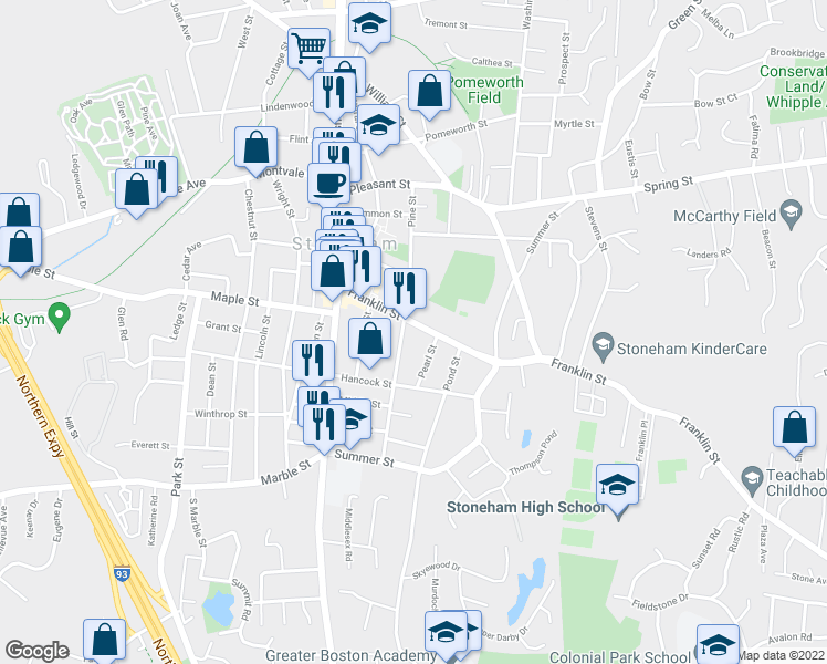 map of restaurants, bars, coffee shops, grocery stores, and more near 9 Pearl Street in Stoneham