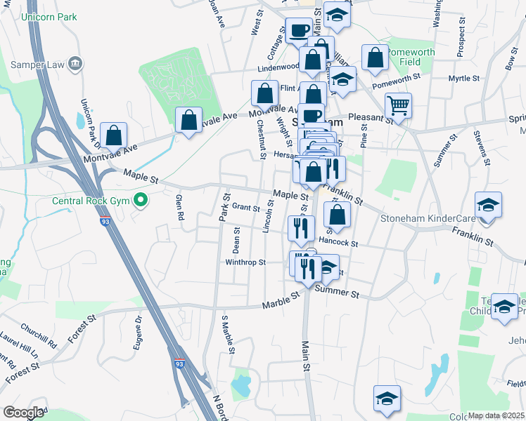 map of restaurants, bars, coffee shops, grocery stores, and more near 179 Hancock Street in Stoneham