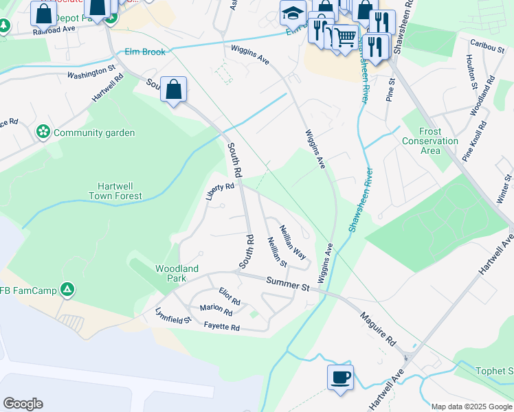 map of restaurants, bars, coffee shops, grocery stores, and more near 17 Neillian Street in Bedford