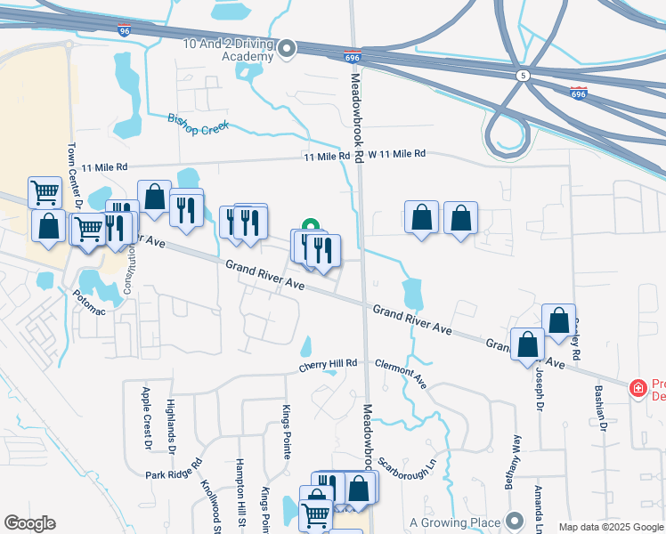map of restaurants, bars, coffee shops, grocery stores, and more near Grandview Lane in Novi