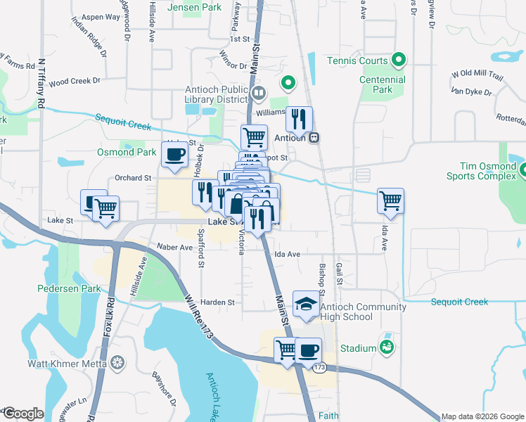 map of restaurants, bars, coffee shops, grocery stores, and more near in Antioch