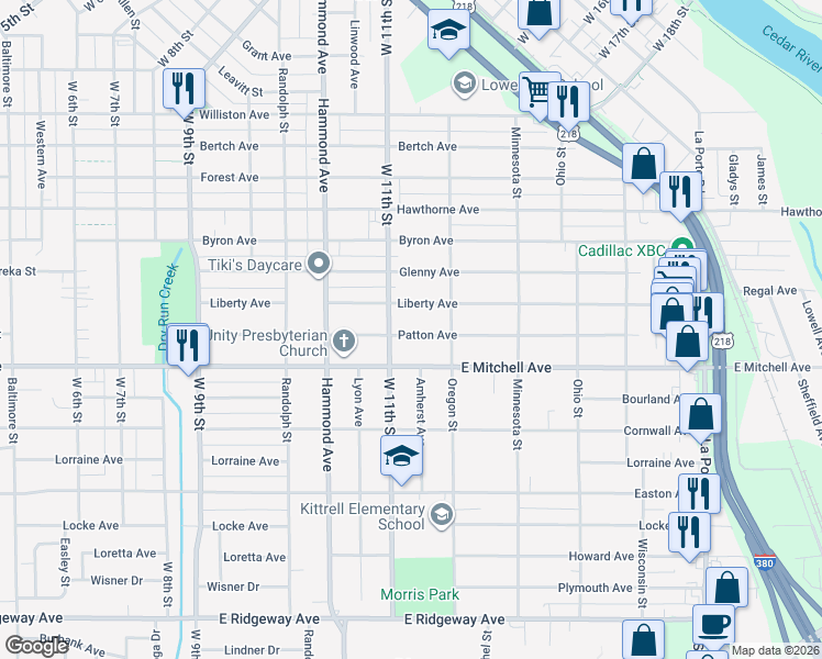 map of restaurants, bars, coffee shops, grocery stores, and more near 1521 East Mitchell Avenue in Waterloo