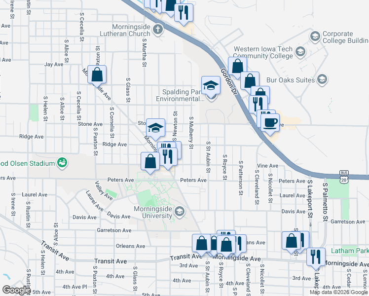 map of restaurants, bars, coffee shops, grocery stores, and more near 1322 South Newton Street in Sioux City