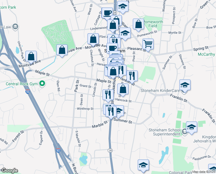 map of restaurants, bars, coffee shops, grocery stores, and more near 9 Warren Street in Stoneham