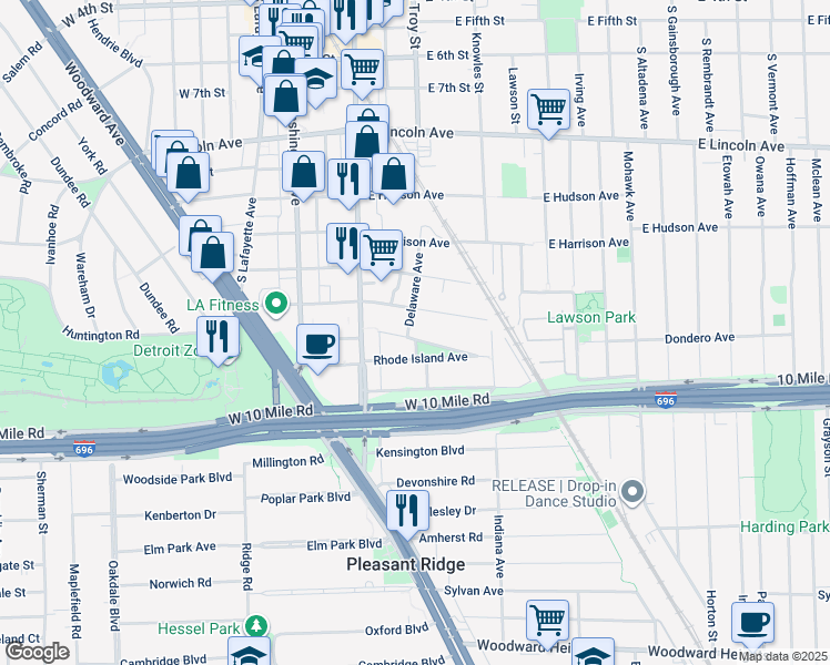 map of restaurants, bars, coffee shops, grocery stores, and more near 303 California Avenue in Royal Oak