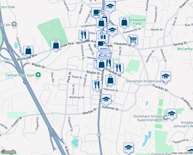 map of restaurants, bars, coffee shops, grocery stores, and more near 9 Warren Street in Stoneham