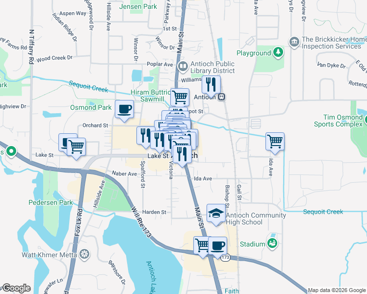 map of restaurants, bars, coffee shops, grocery stores, and more near 921 Main Street in Antioch