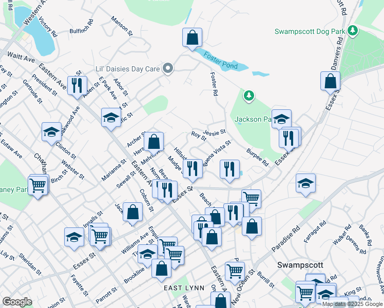 map of restaurants, bars, coffee shops, grocery stores, and more near 69 Roy Street in Swampscott