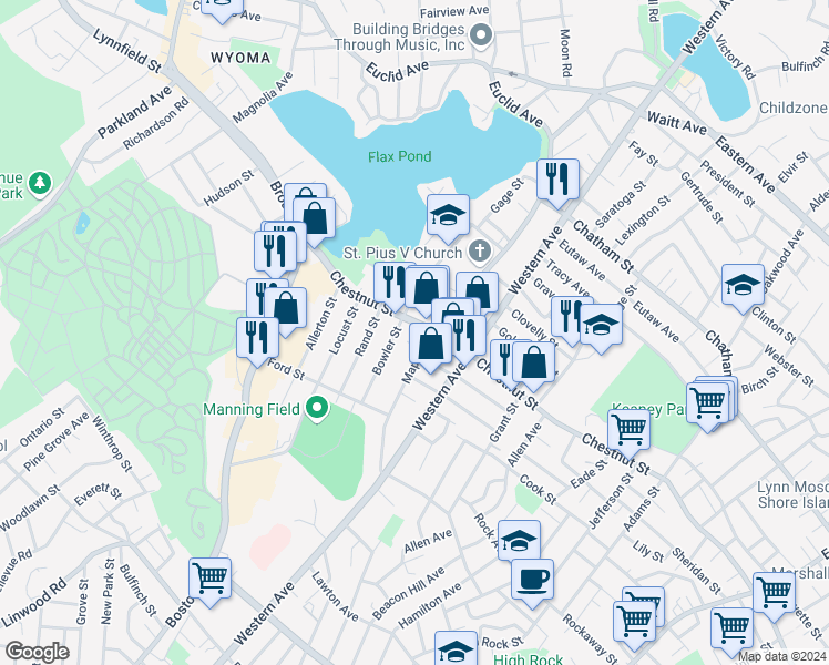 map of restaurants, bars, coffee shops, grocery stores, and more near in Lynn