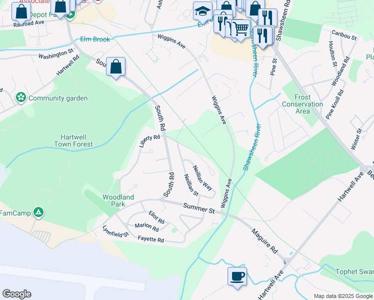 map of restaurants, bars, coffee shops, grocery stores, and more near 79 Evergreen Avenue in Bedford