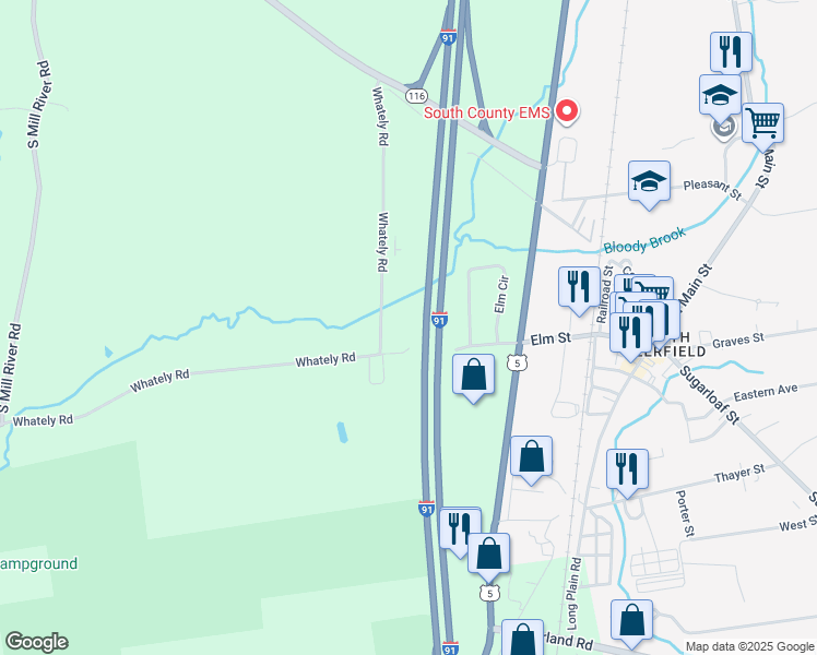 map of restaurants, bars, coffee shops, grocery stores, and more near 59 Whately Rd in Deerfield