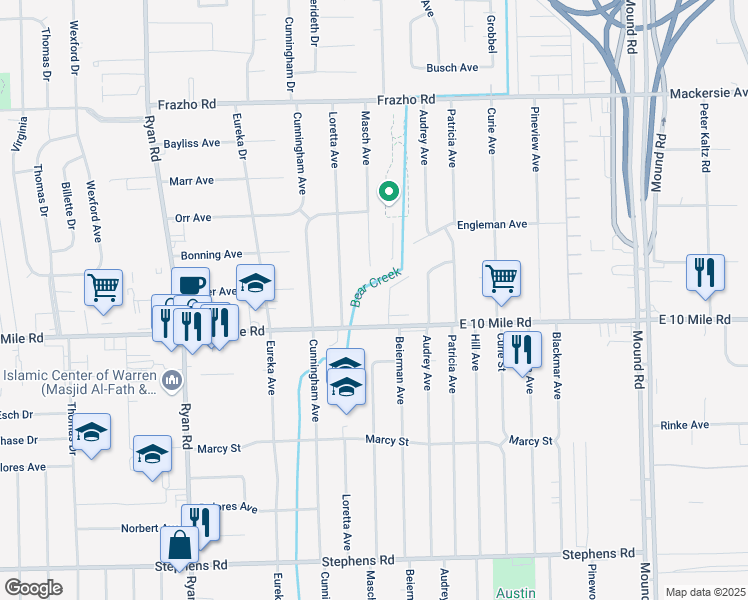 map of restaurants, bars, coffee shops, grocery stores, and more near 25101 Masch Avenue in Warren