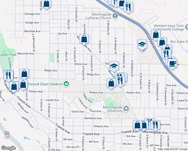 map of restaurants, bars, coffee shops, grocery stores, and more near 1219 South Cornelia Street in Sioux City