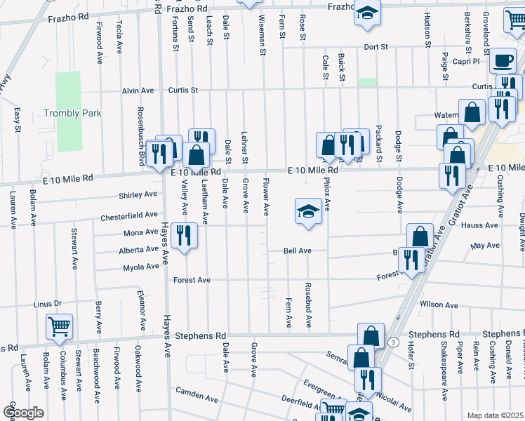 map of restaurants, bars, coffee shops, grocery stores, and more near 24845 Flower Avenue in Eastpointe