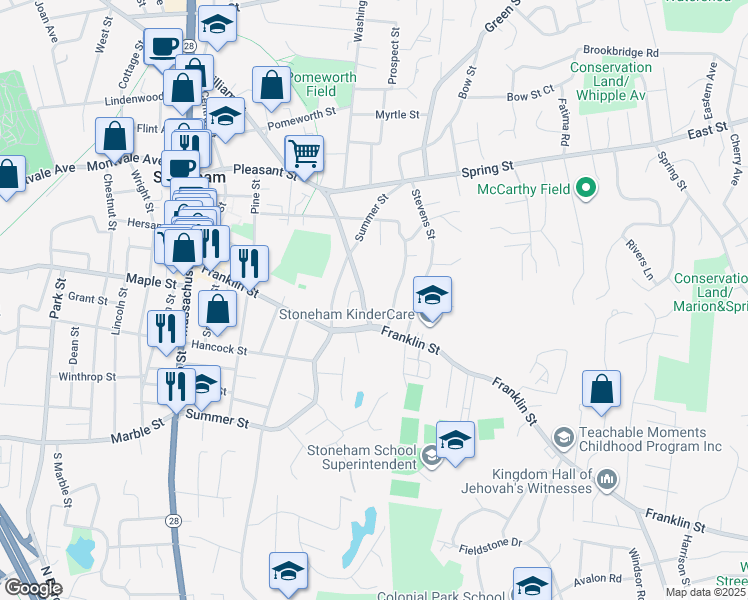 map of restaurants, bars, coffee shops, grocery stores, and more near 76 Pleasant Street in Stoneham