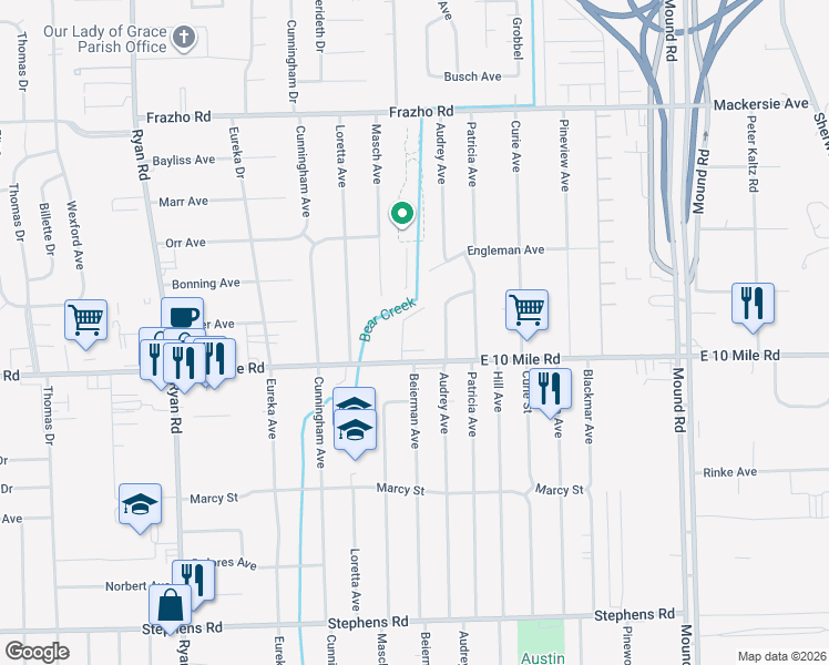 map of restaurants, bars, coffee shops, grocery stores, and more near 25101 Masch Avenue in Warren