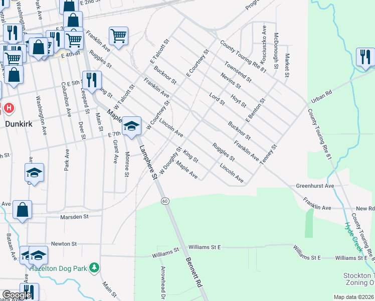 map of restaurants, bars, coffee shops, grocery stores, and more near 40 West Doughty Street in Dunkirk