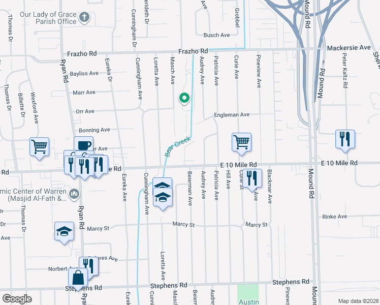 map of restaurants, bars, coffee shops, grocery stores, and more near 25101 Masch Avenue in Warren
