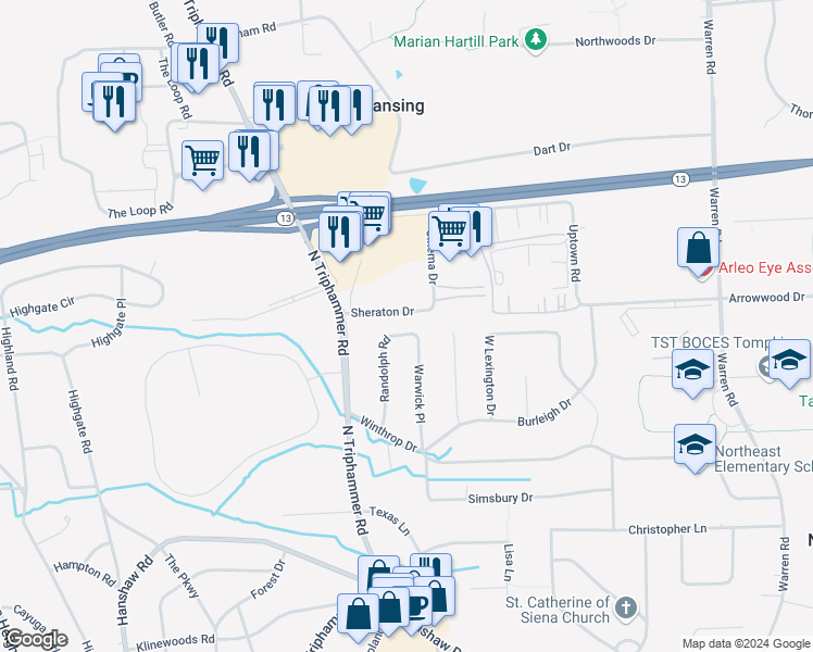 map of restaurants, bars, coffee shops, grocery stores, and more near 60 Sheraton Drive in Ithaca