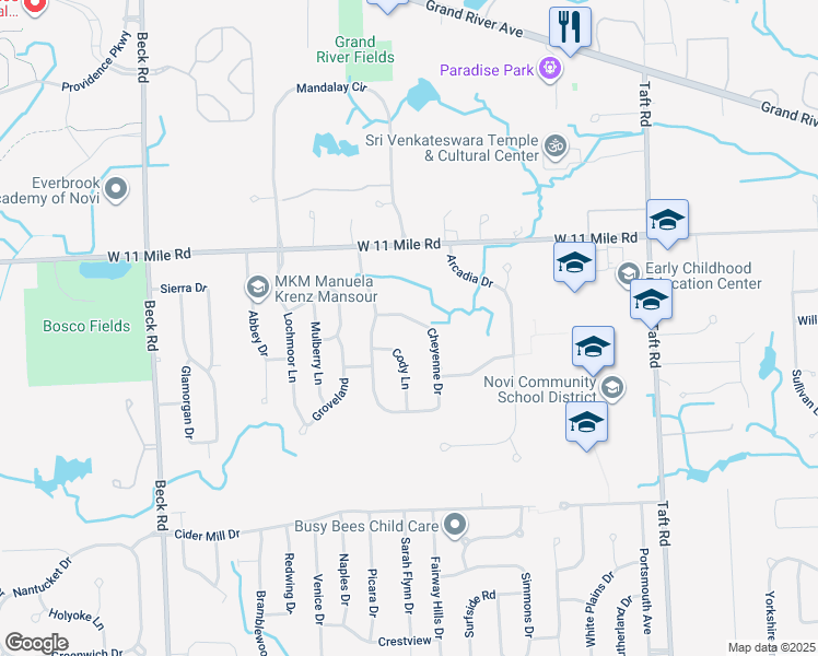 map of restaurants, bars, coffee shops, grocery stores, and more near 25860 Cheyenne Drive in Novi