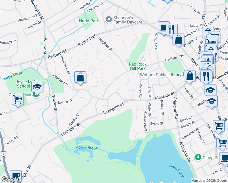 map of restaurants, bars, coffee shops, grocery stores, and more near 116 Harrison Avenue in Woburn
