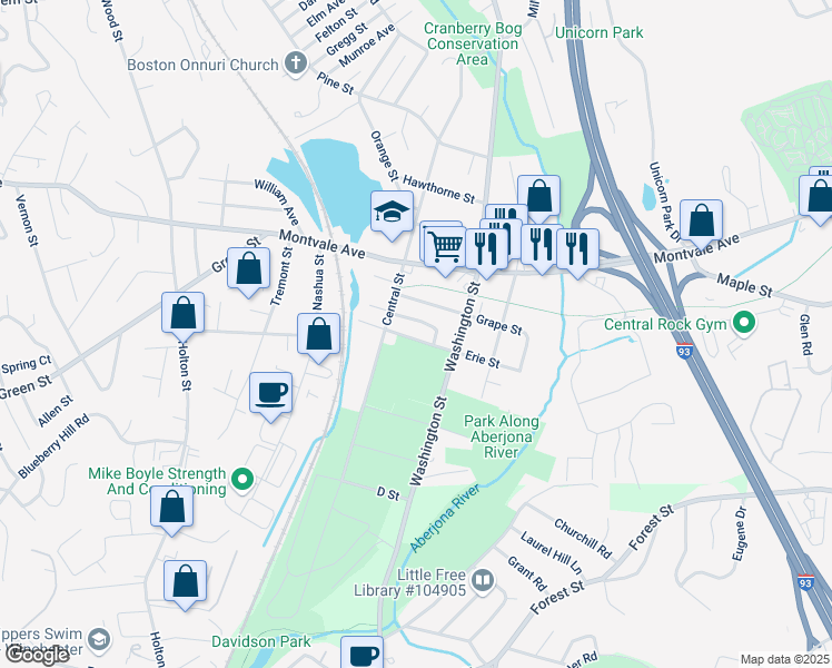 map of restaurants, bars, coffee shops, grocery stores, and more near 8 Erie Street in Woburn