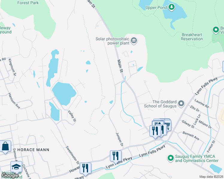 map of restaurants, bars, coffee shops, grocery stores, and more near 52 Juniper Drive in Saugus