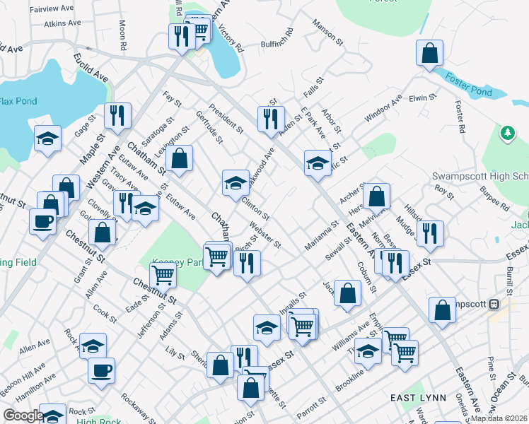 map of restaurants, bars, coffee shops, grocery stores, and more near 22 Livingston Street in Lynn