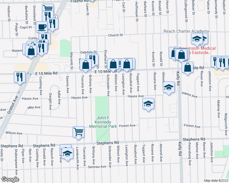 map of restaurants, bars, coffee shops, grocery stores, and more near 24833 Wilmot Avenue in Eastpointe