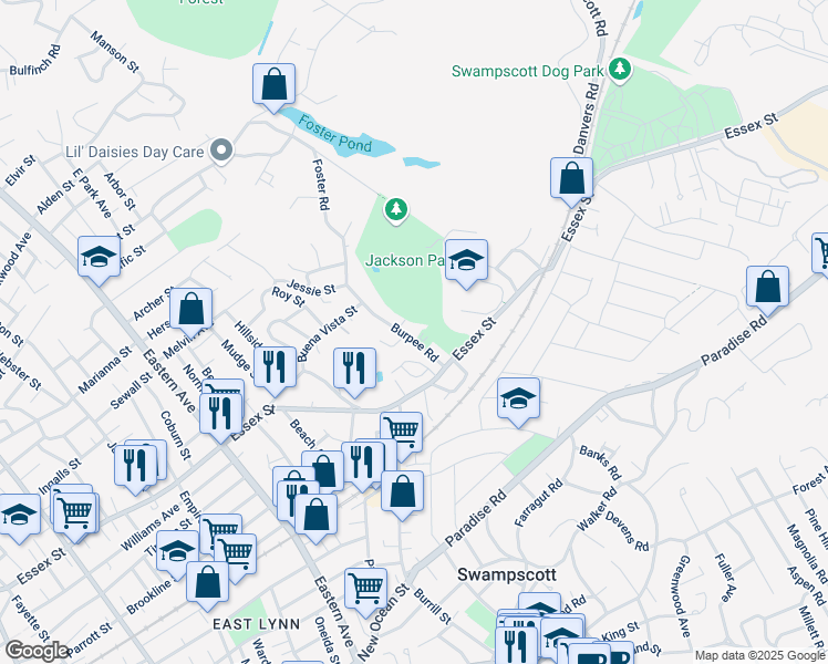 map of restaurants, bars, coffee shops, grocery stores, and more near 35 Burpee Road in Swampscott