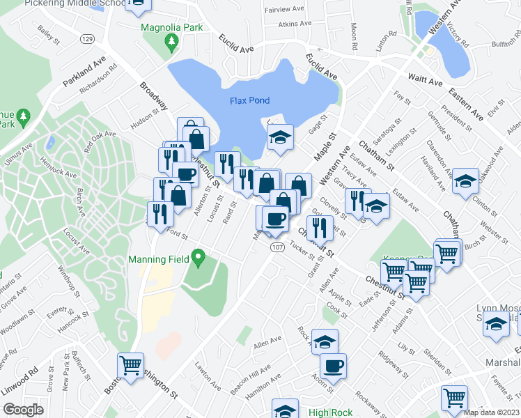 map of restaurants, bars, coffee shops, grocery stores, and more near 566 Chestnut Street in Lynn