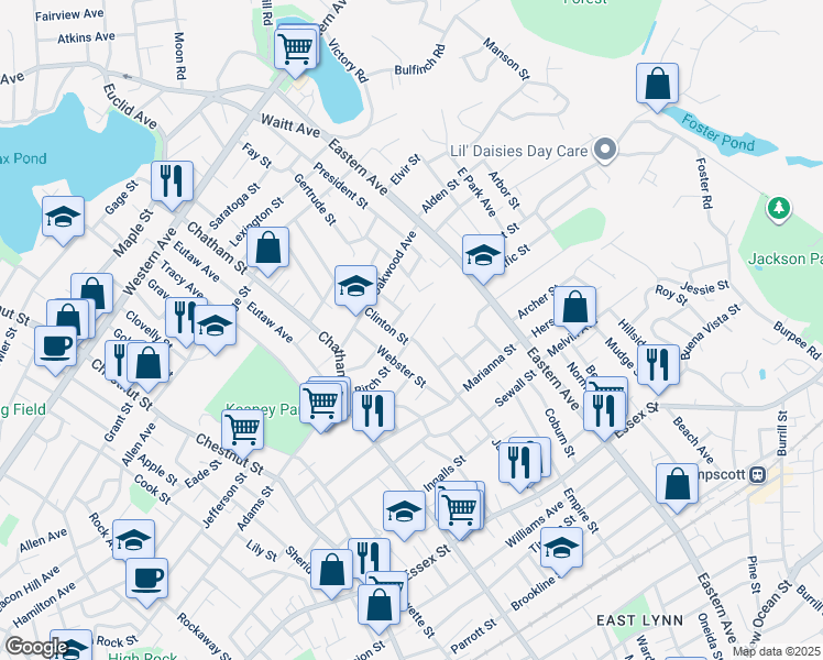 map of restaurants, bars, coffee shops, grocery stores, and more near 22 Livingston Street in Lynn