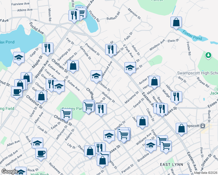 map of restaurants, bars, coffee shops, grocery stores, and more near 22 Livingston Street in Lynn
