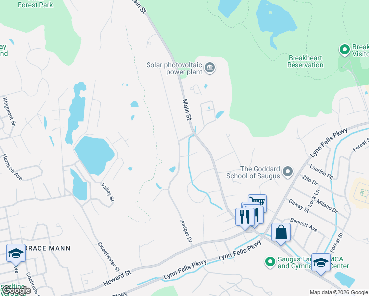 map of restaurants, bars, coffee shops, grocery stores, and more near 416 Main Street in Saugus
